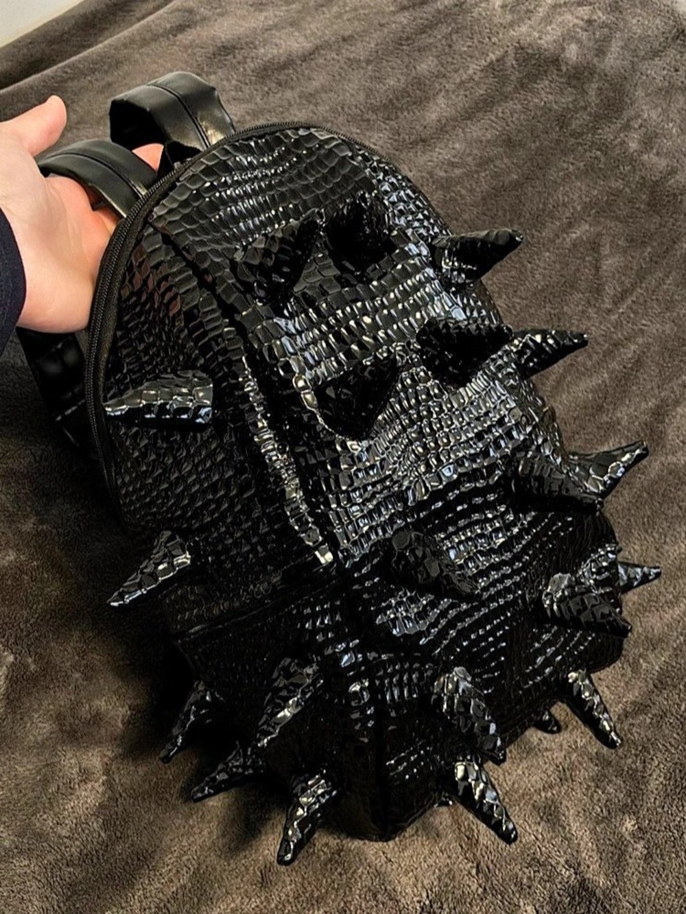 Black Crocodile-Textured Faux Leather Spiked Gothic Backpack